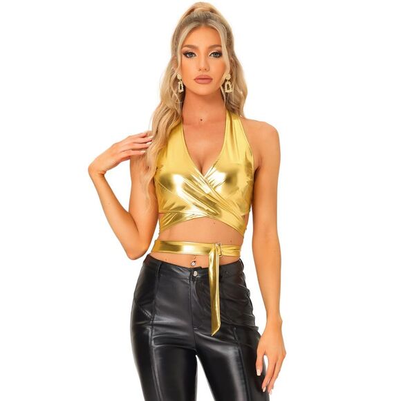 Metallic Halter Neck Top Deep V Neck Backless Crop Tops Gold - Picture 1 of 5